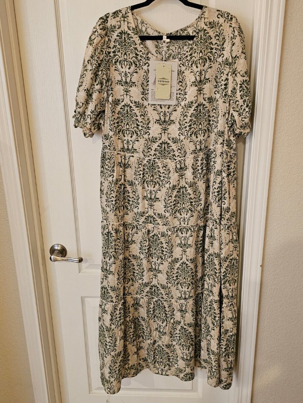 Yes No Yesno Boho Bohemian Green/Cream Floral Damask Midi Dress | Size 2XL NWT